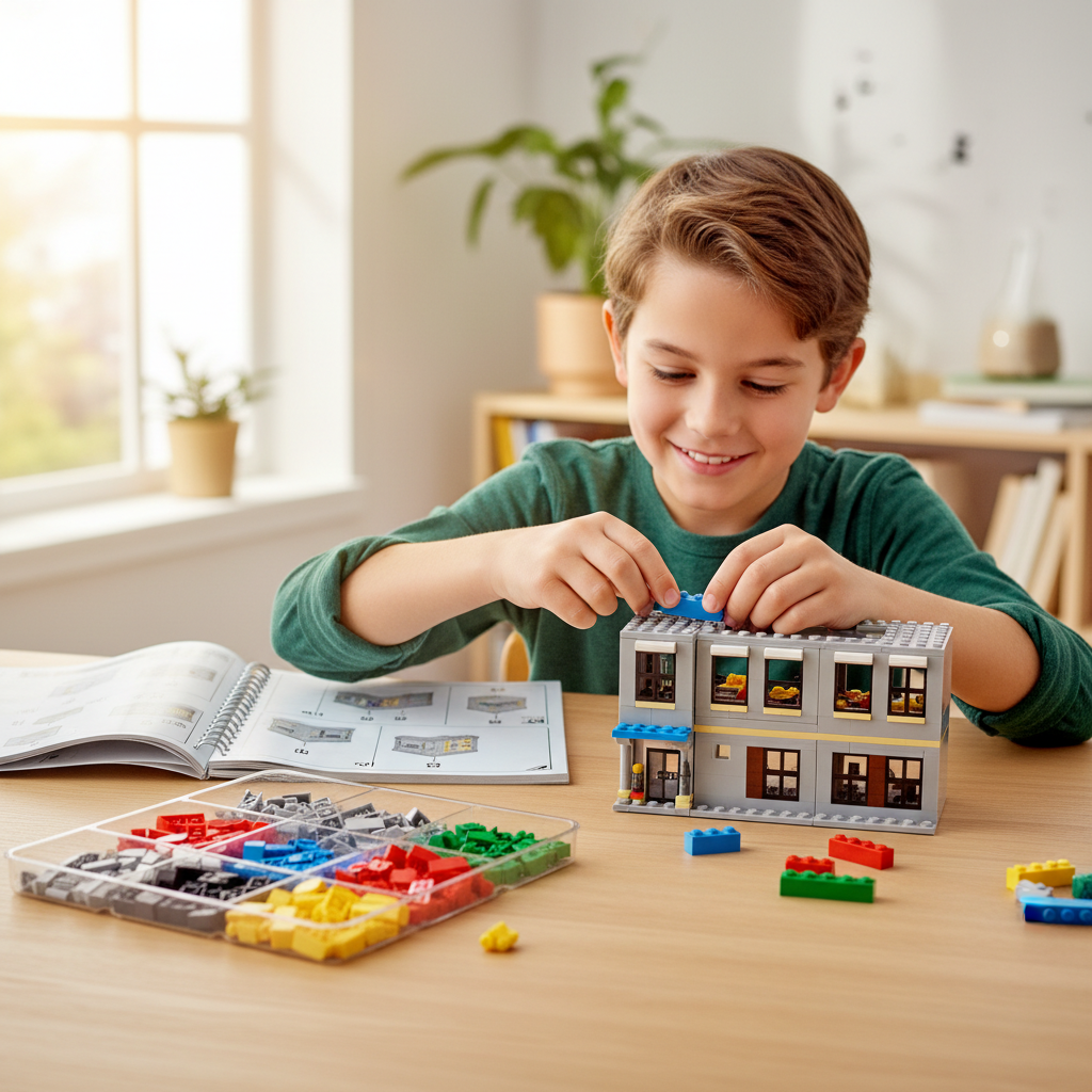Un jeune gar&ccedil;on de 8 ans souriant et concentr&eacute; construit un mod&egrave;le complexe avec des briques de construction sur une table lumineuse, avec des instructions et des pi&egrave;ces organis&eacute;es.