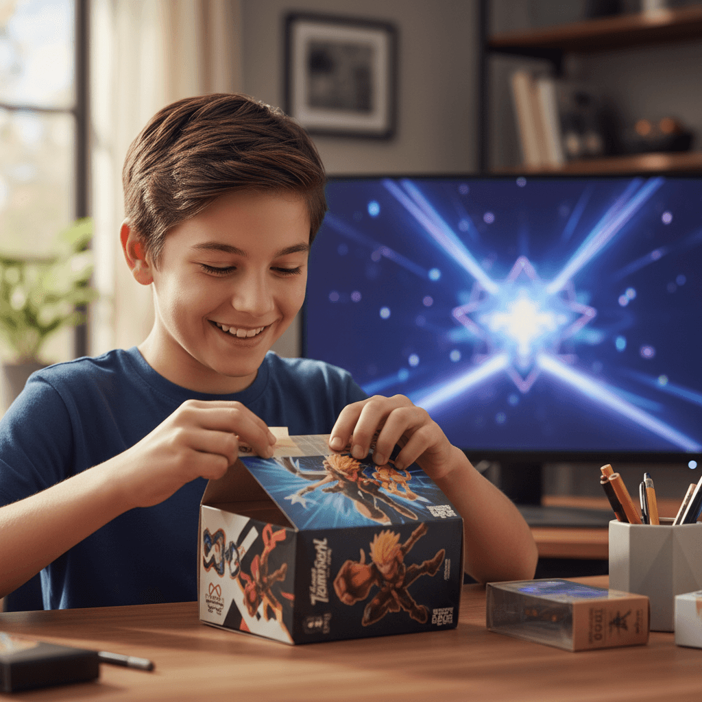 Un préadolescent heureux ouvrant une boîte de figurines de collection Roblox