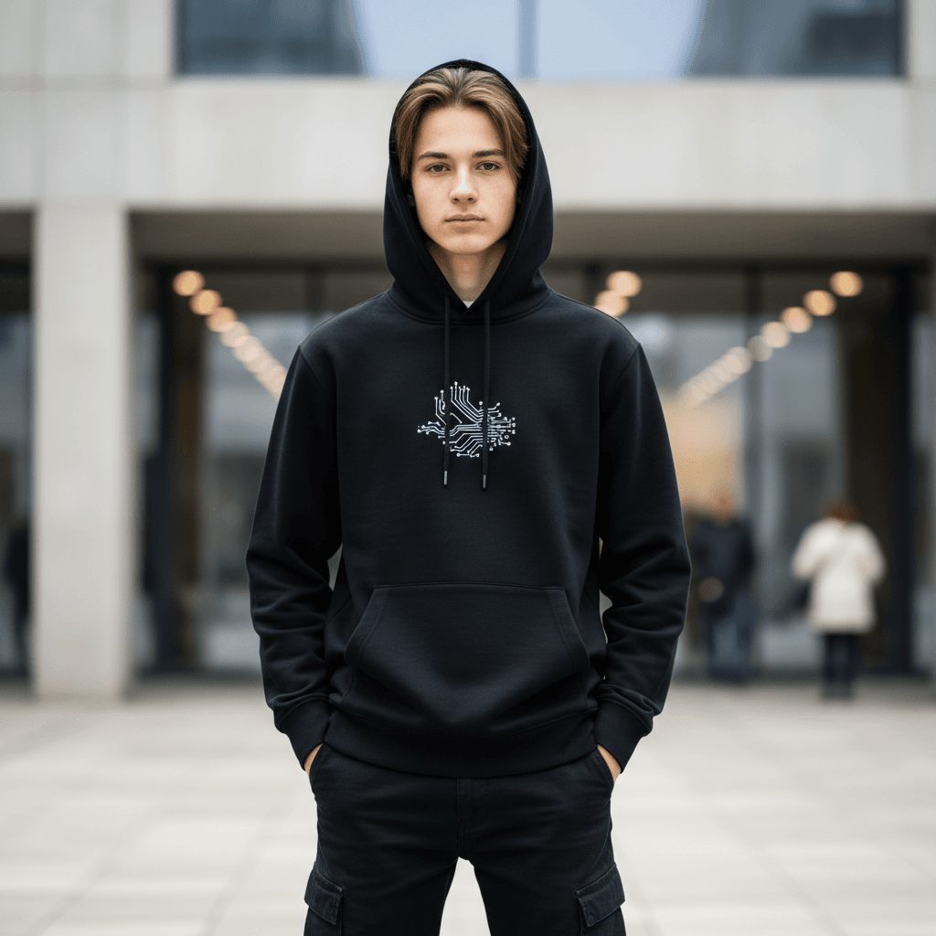 Un adolescent confiant porte un sweat à capuche noir avec un petit motif blanc abstrait, dans un décor urbain épuré.