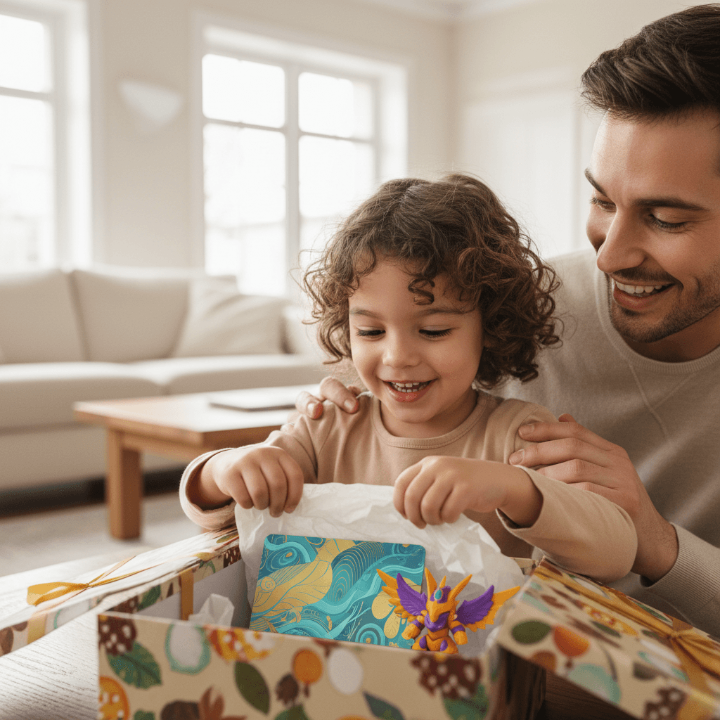 Un parent souriant et un enfant ouvrant un cadeau contenant une carte cadeau stylisée et une petite figurine.