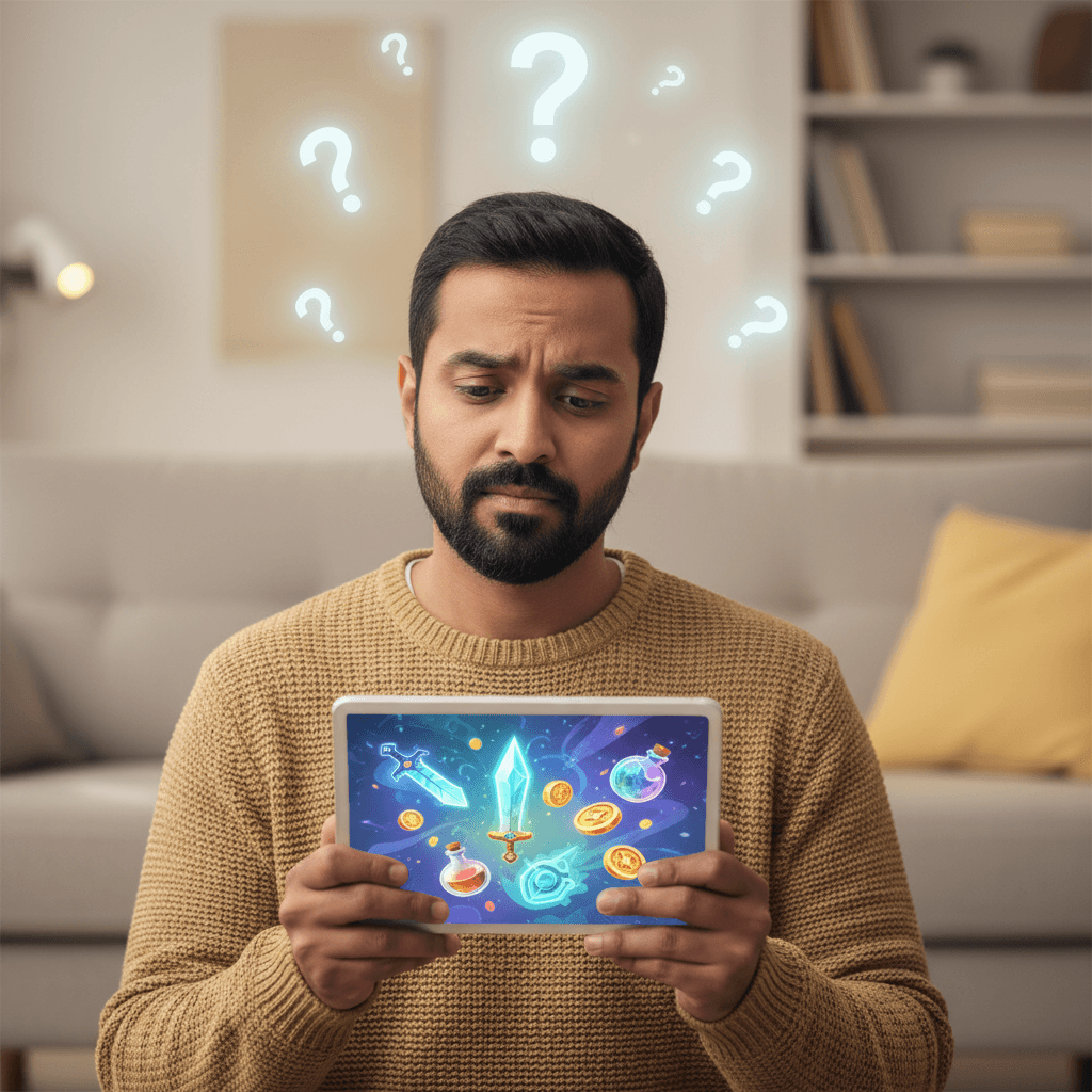 Un parent perplexe regardant une tablette affichant des objets virtuels de jeu, avec des points d'interrogation symbolisant l'h&eacute;sitation.