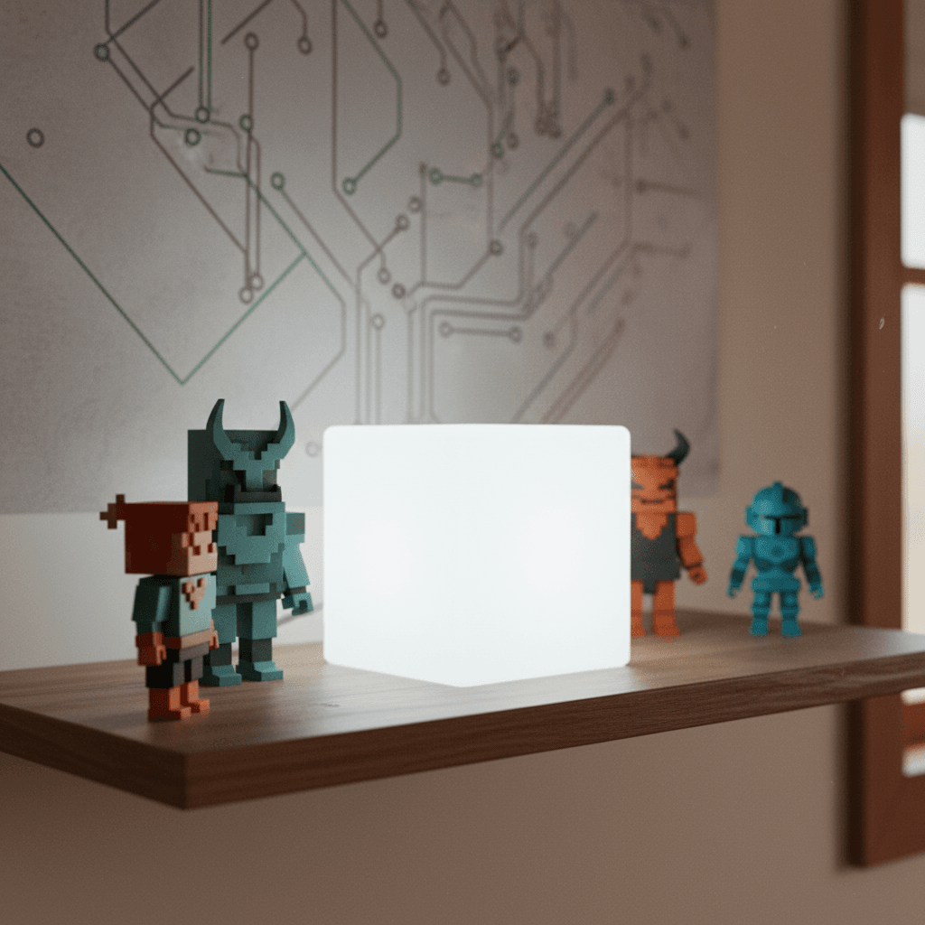 Collection de figurines stylisées inspirées de jeux vidéo et lampe décorative sur une étagère de chambre d'adolescent.