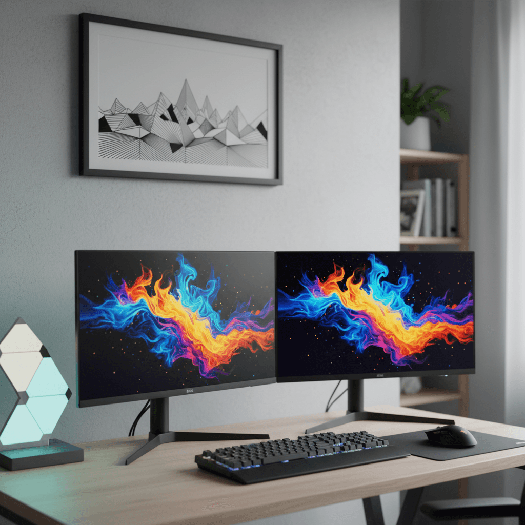 Configuration de bureau moderne pour adolescent avec double écran, éclairage d'ambiance et art mural.