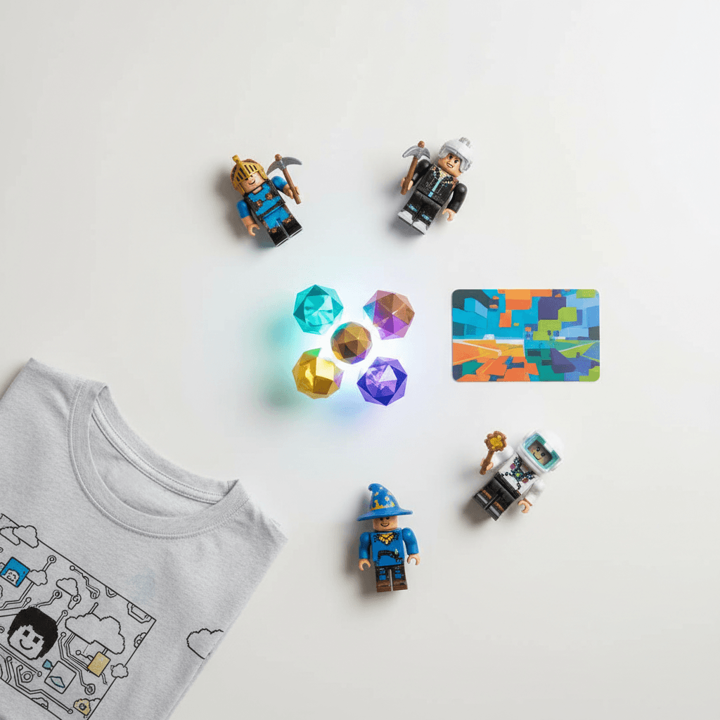 Une composition visuelle de divers objets inspirés de Roblox, incluant une représentation de monnaie virtuelle, une carte cadeau stylisée, de petites figurines et un t-shirt avec un design abstrait, le tout présenté dans un style photoréaliste.