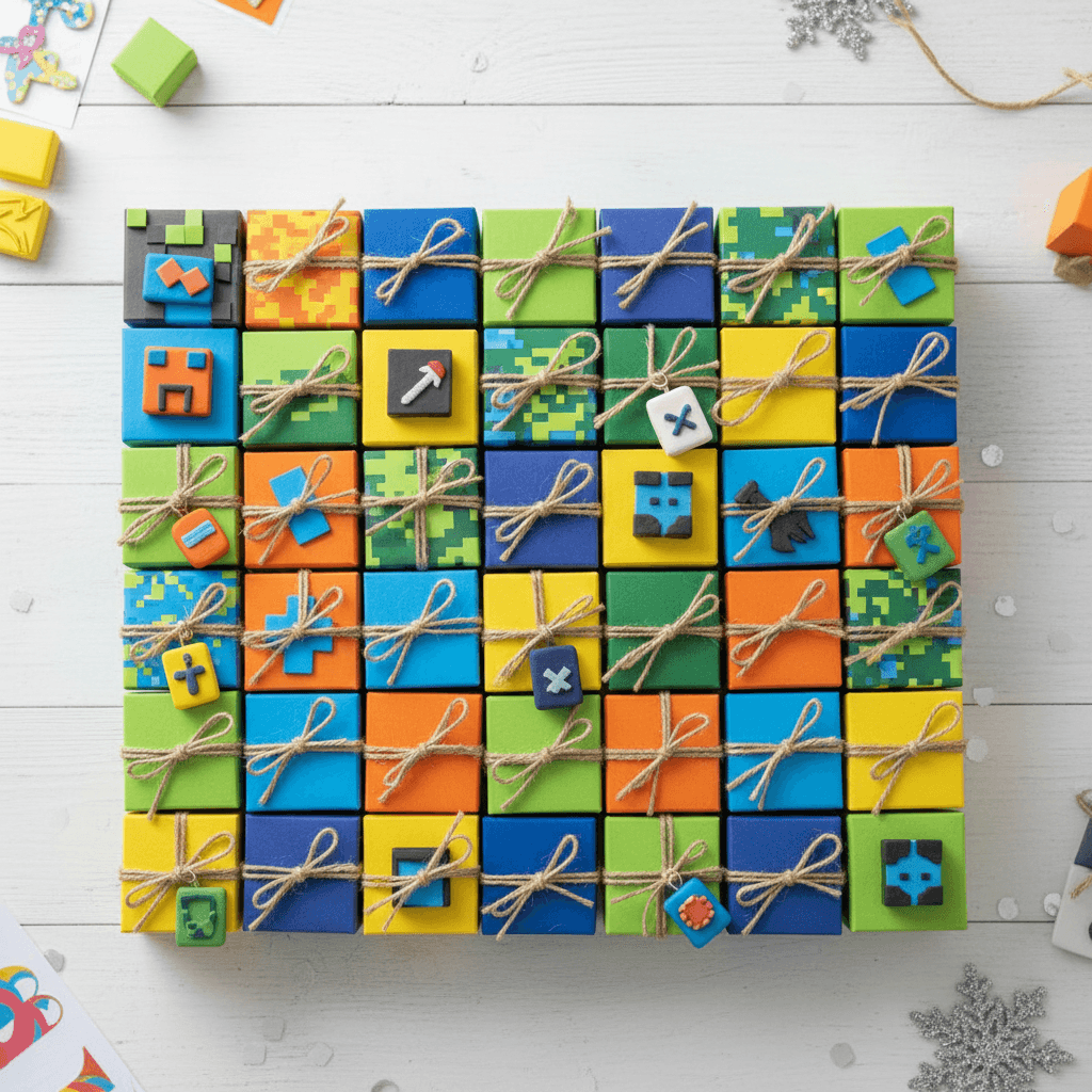 Calendrier de l'avent fait maison avec des décorations inspirées des jeux Roblox, présenté sous forme de petites boîtes cadeaux.