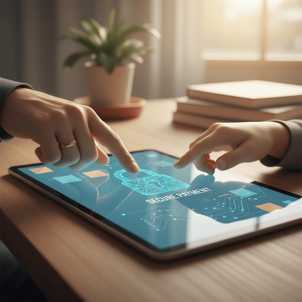 Main d'un parent guidant la main d'un enfant sur une tablette affichant une interface de transaction numérique sécurisée avec un cadenas.