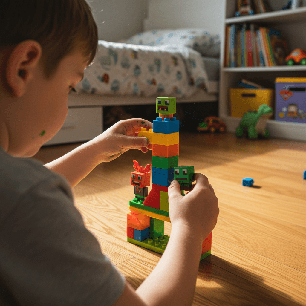 Enfant jouant avec des blocs de construction et des figurines