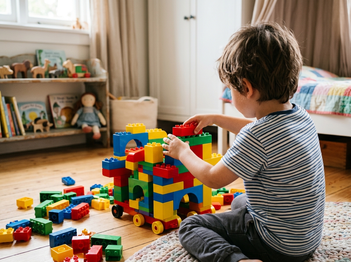 Enfant construisant avec des blocs de construction colorés, inspiré par Roblox.