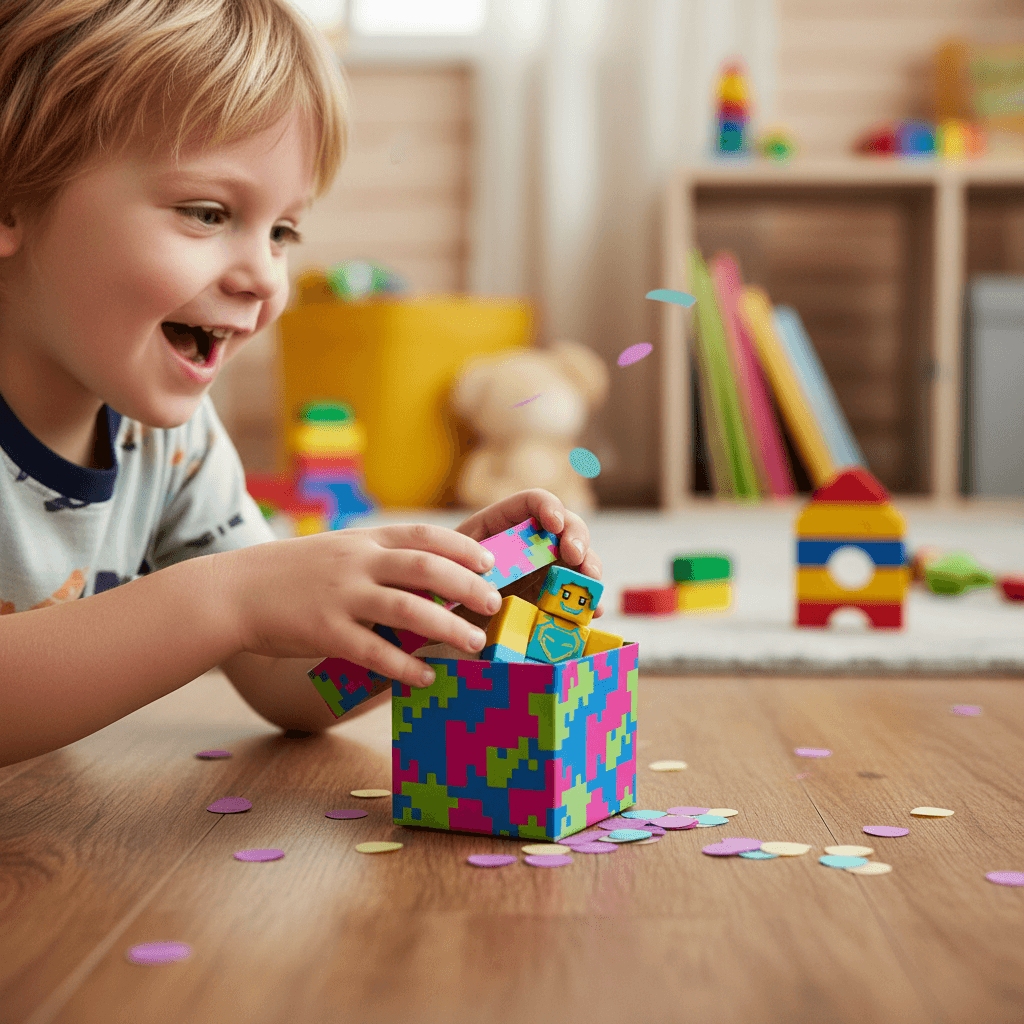 Enfant ouvrant un cadeau aux couleurs vives de type Roblox
