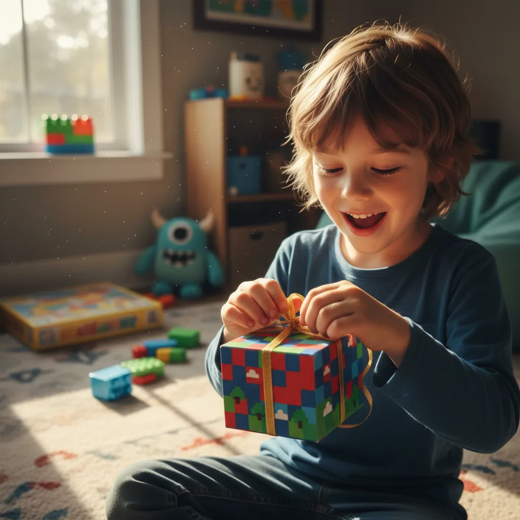 Enfant ouvrant un petit cadeau color&eacute; avec un sourire