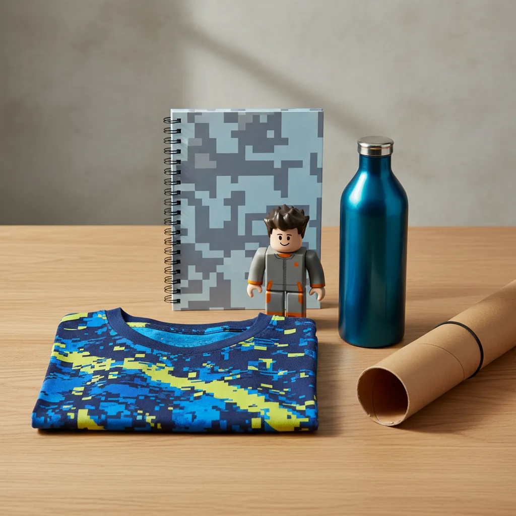 Arrangement de produits dérivés Roblox sur une table en bois