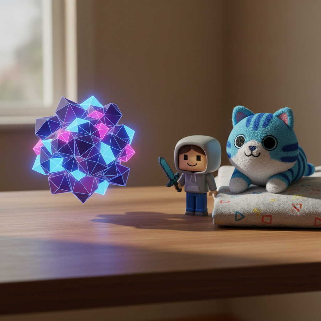 Comparaison visuelle entre des objets virtuels Roblox stylis&eacute;s et des produits d&eacute;riv&eacute;s physiques sur un bureau d'enfant.