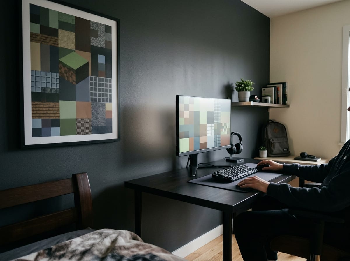 Gros plan sur les mains d'un adolescent sur un bureau de jeu dans une chambre moderne.