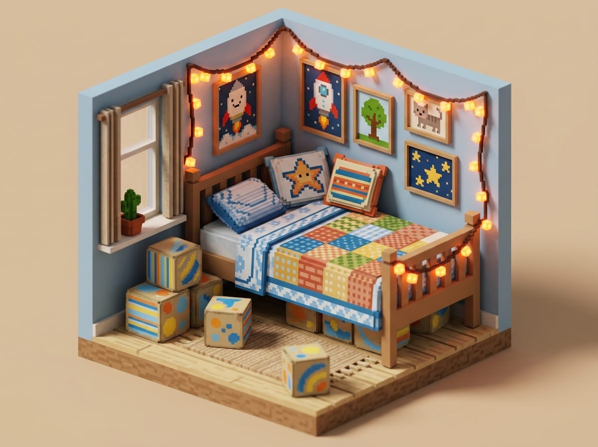 Diorama voxel d'une chambre d'enfant décorée dans un style Minecraft économique