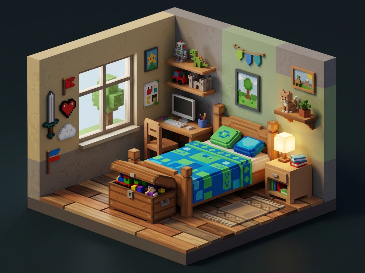 Diorama de chambre d'enfant en voxel art, style bac à sable