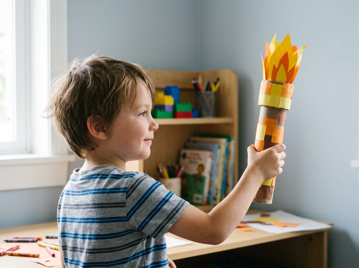 Enfant tenant fièrement une torche Minecraft faite maison en carton.