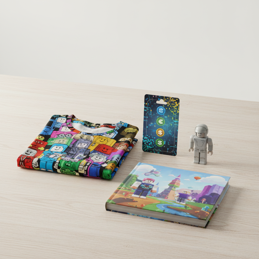 S&eacute;lection de cadeaux sur le th&egrave;me Roblox pour enfants de 7 &agrave; 9 ans, incluant un t-shirt, une carte cadeau, un livre et un jouet.