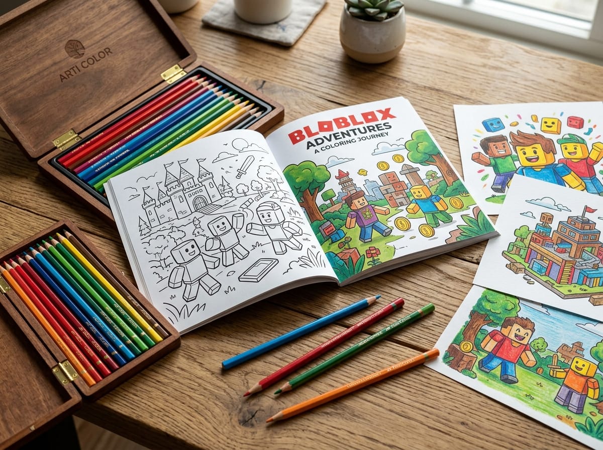 Livre de coloriage Roblox, crayons et dessins sur une table en bois