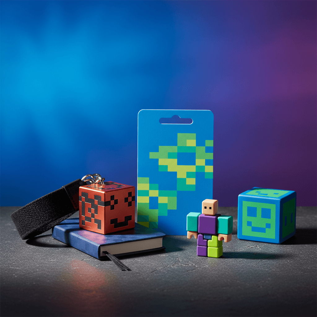 Composition de petits cadeaux sur le th&egrave;me de Roblox, incluant une carte cadeau stylis&eacute;e, un porte-cl&eacute;s, un carnet et une mini-figurine, sur un fond color&eacute;.