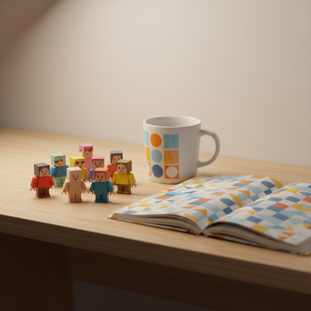 Arrangement de bureau avec figurines, carnet et mug sur le th&egrave;me de Roblox