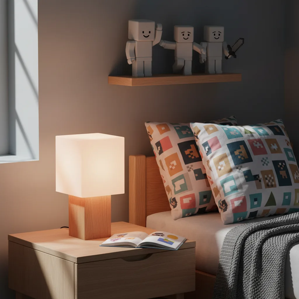 Arrangement d'objets dérivés Roblox sur une table de chevet