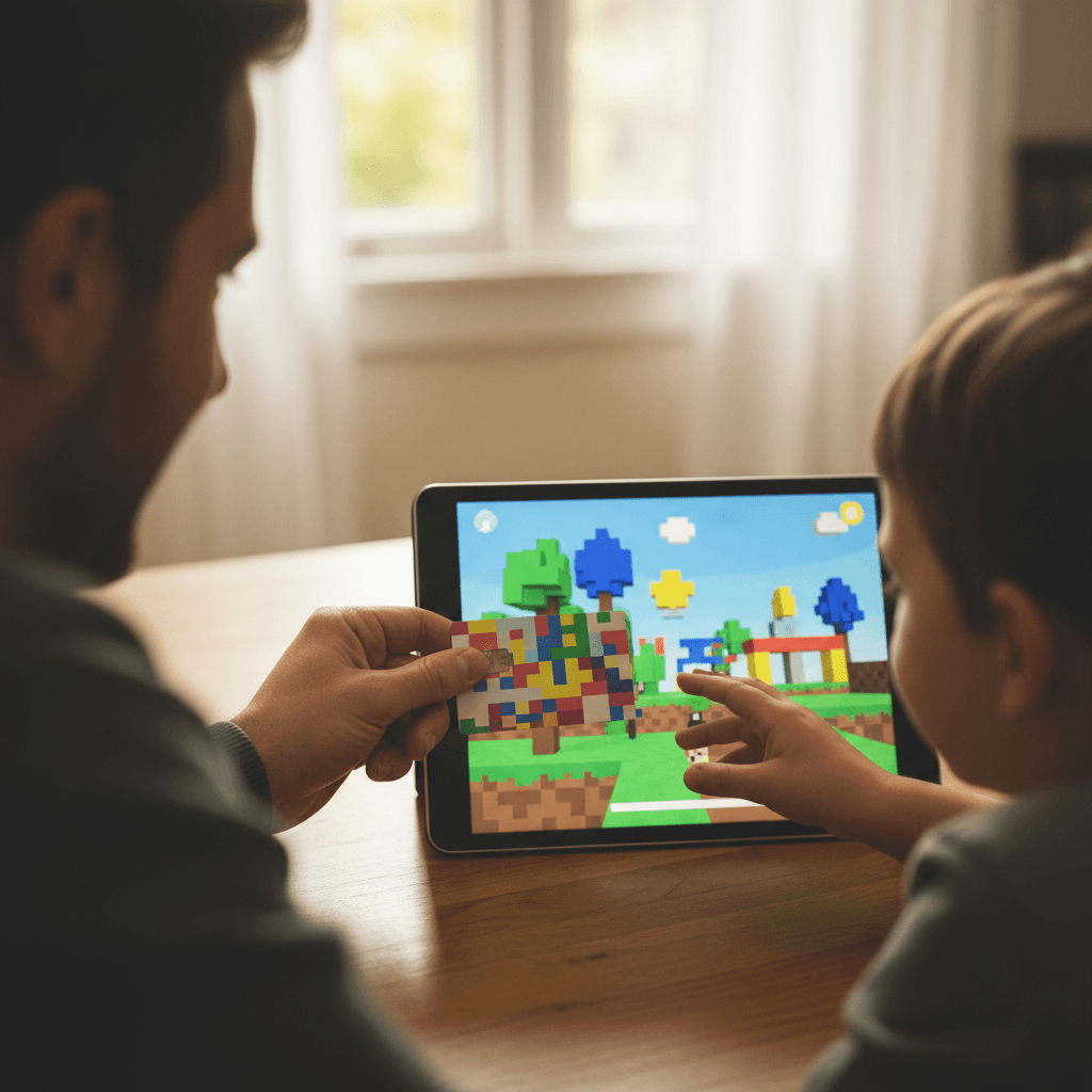 Main d'adulte donnant une carte cadeau &agrave; un enfant devant une tablette