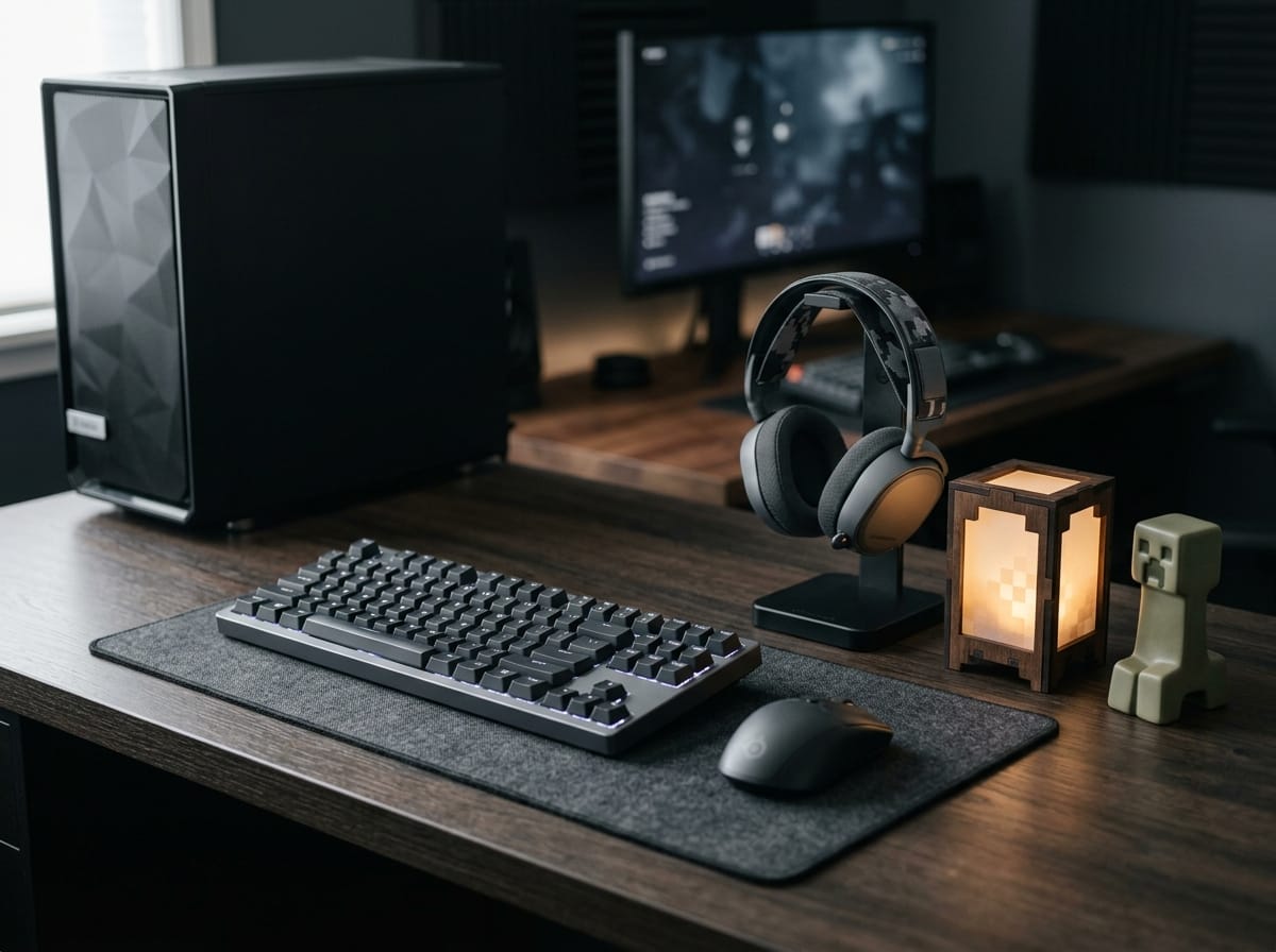 Bureau de jeu moderne avec des accents subtils inspirés de Minecraft, éclairage doux et ambiance mature.
