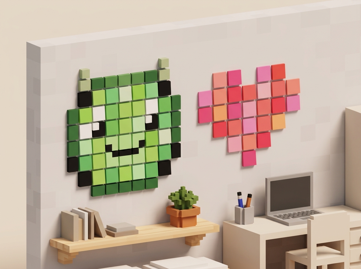 Diorama voxel d'un mur décoré avec des motifs pixelisés de blocs verts et de cœurs, réalisés avec des carrés de papier.
