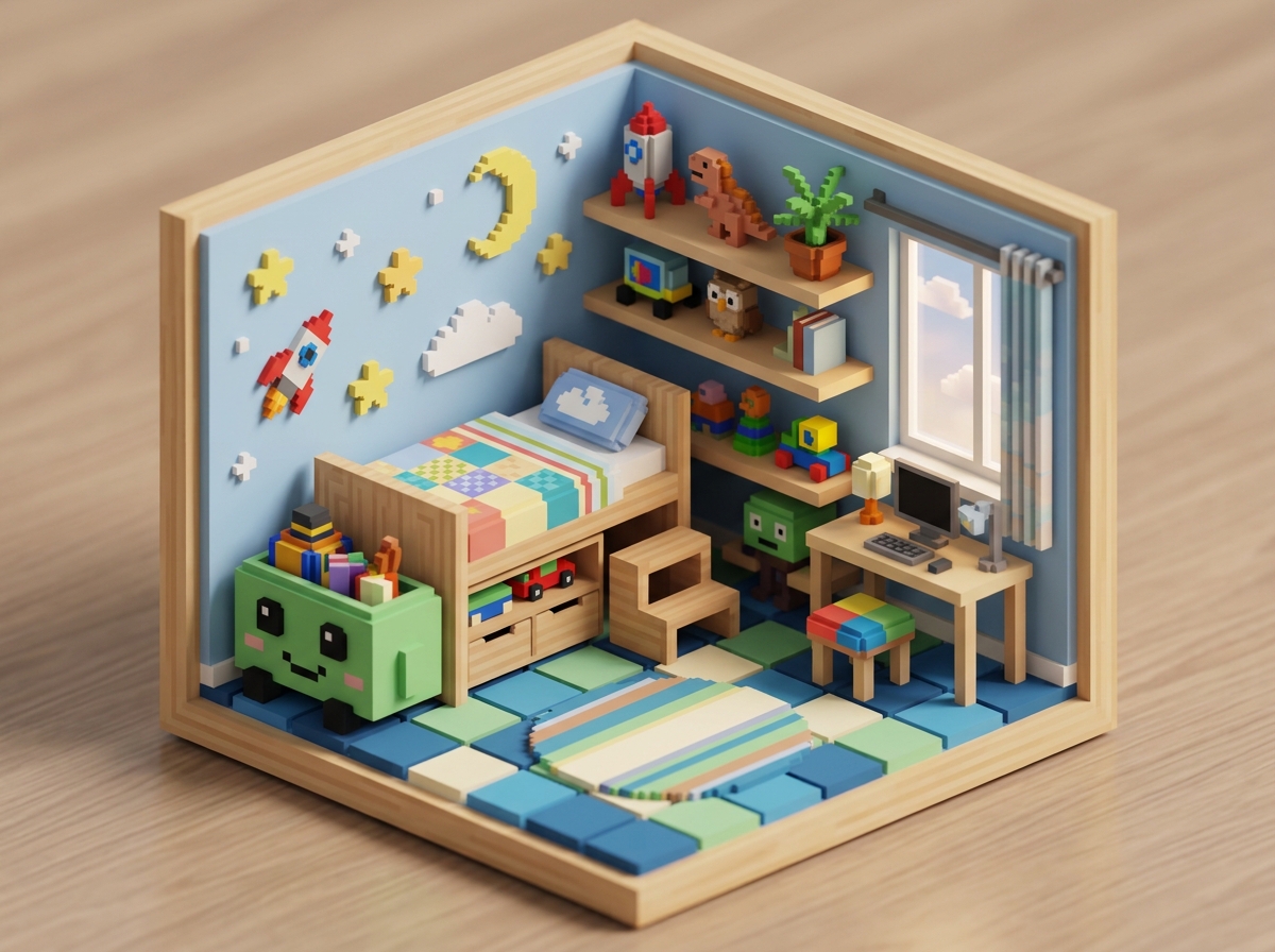 Diorama 3D voxel d'un coin de chambre d'enfant d&eacute;cor&eacute; dans un style bloc et pixel art.