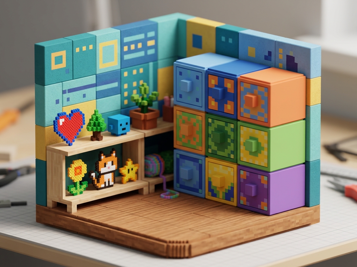 Diorama voxel de décorations DIY thématiques, incluant des boîtes de rangement personnalisées et des figurines en perles.