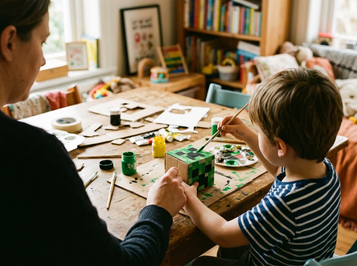 Parent et enfant peignant un bloc décoratif sur le thème de Minecraft.