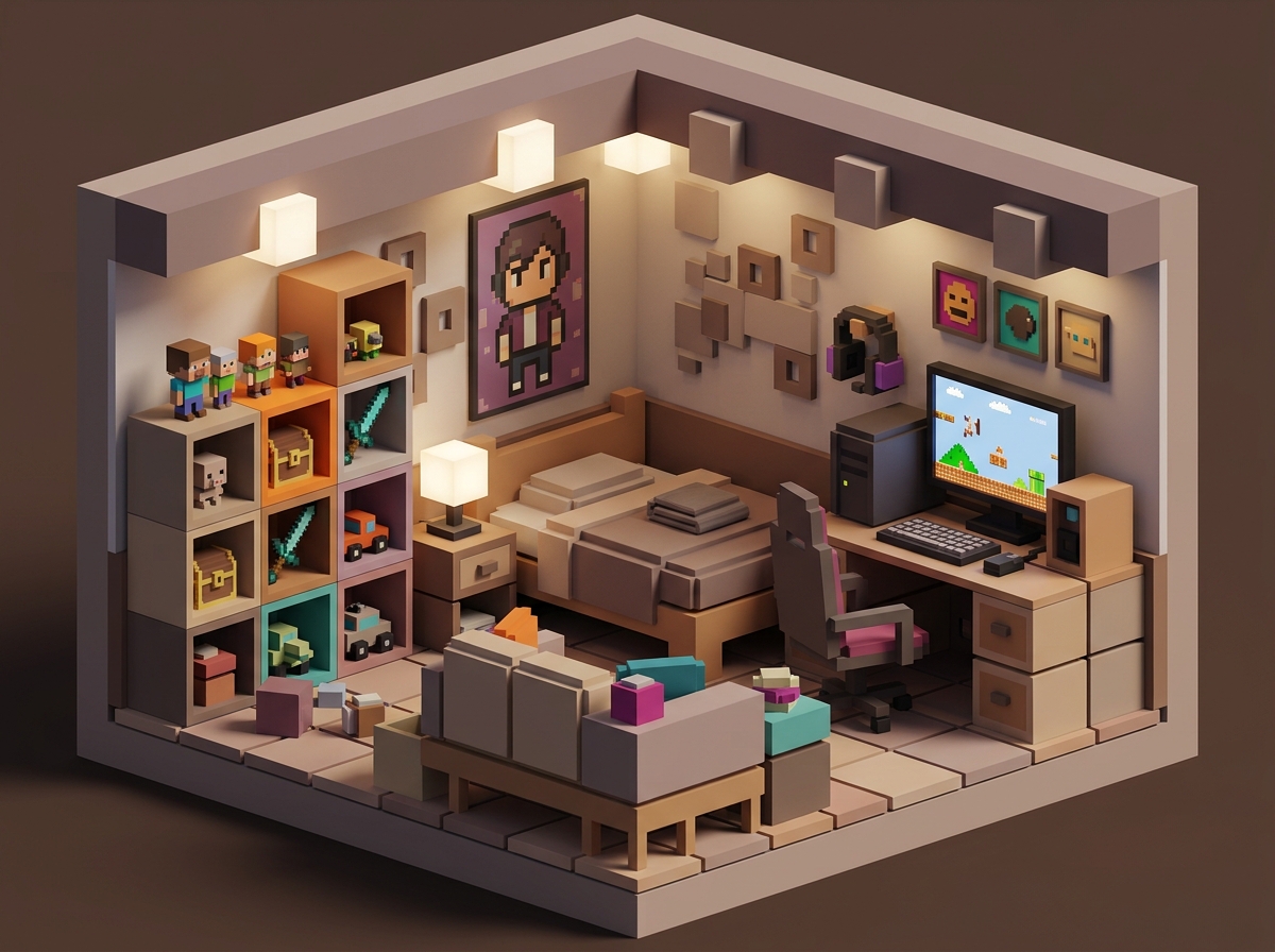Diorama 3D voxel d'une chambre d'adolescent stylisée