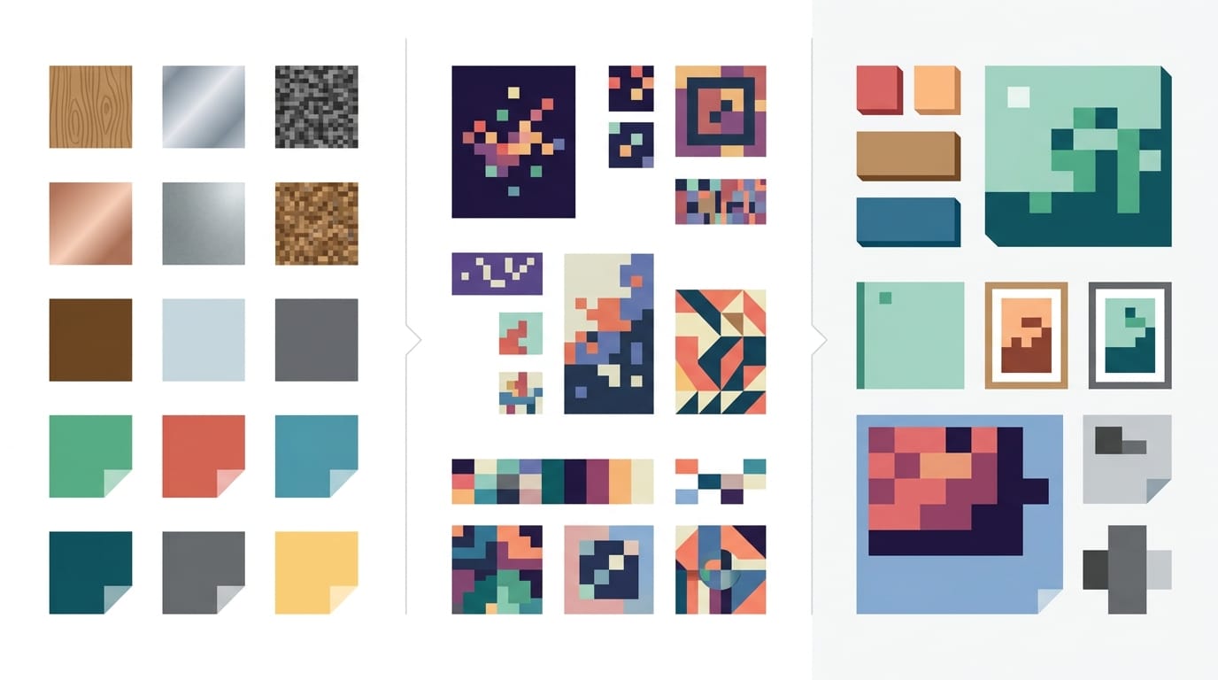 Graphique comparatif de styles de décoration murale inspirée de Minecraft, divisé en trois sections montrant matériaux, motifs et formats.