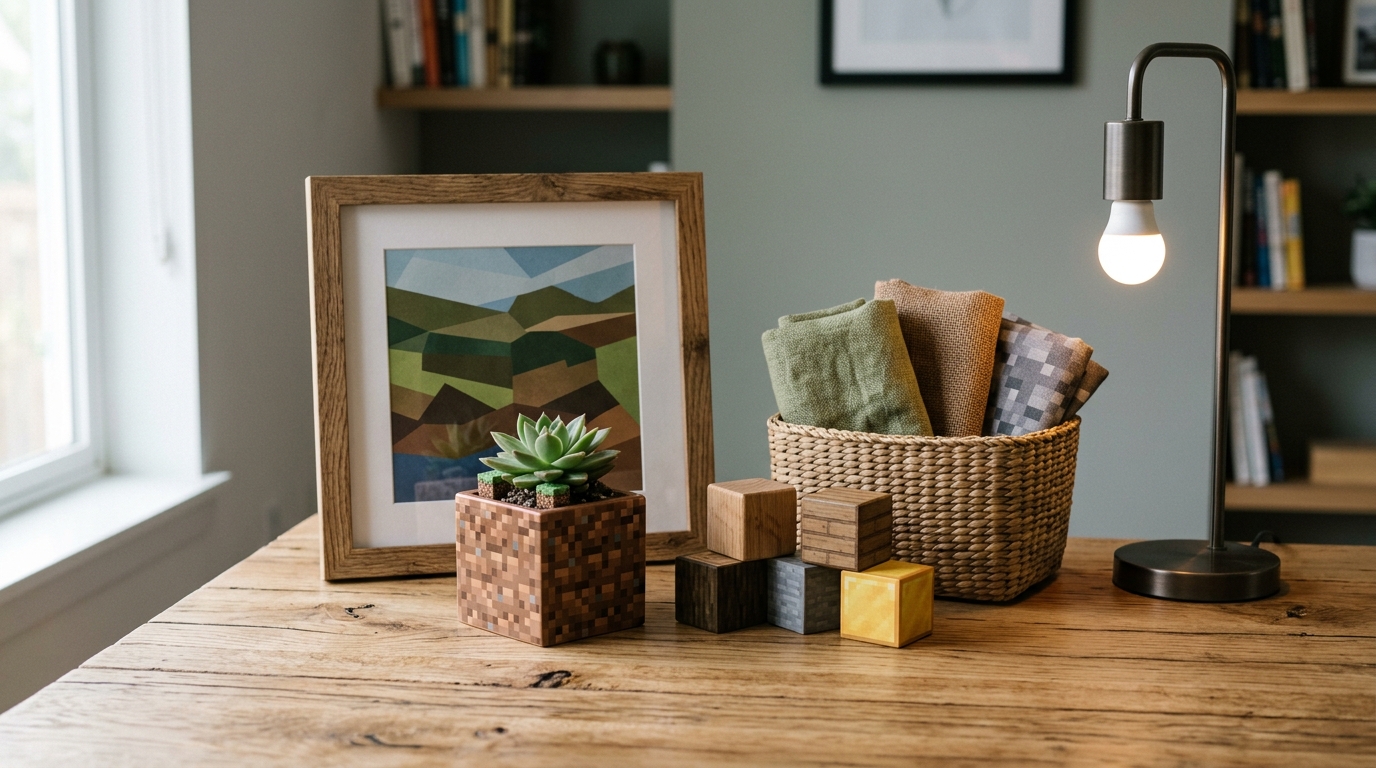 Arrangement de décoration de chambre sur le thème des blocs avec des objets en céramique, bois et tissu.