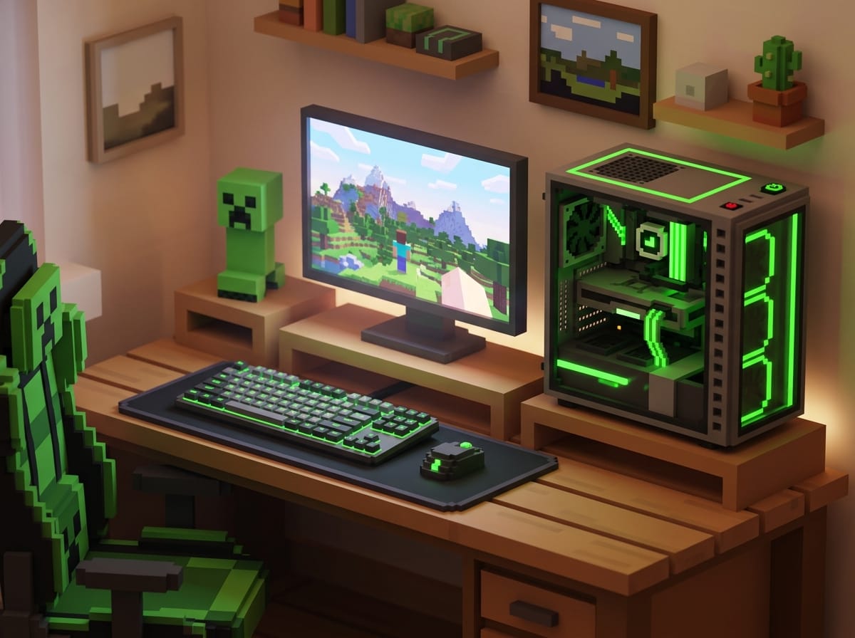 Bureau de jeu en voxel avec PC, clavier et figurine Creeper