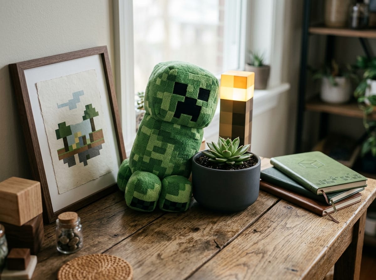 Arrangement de décoration de chambre sur le thème Minecraft avec coussin Creeper et lampe torche.