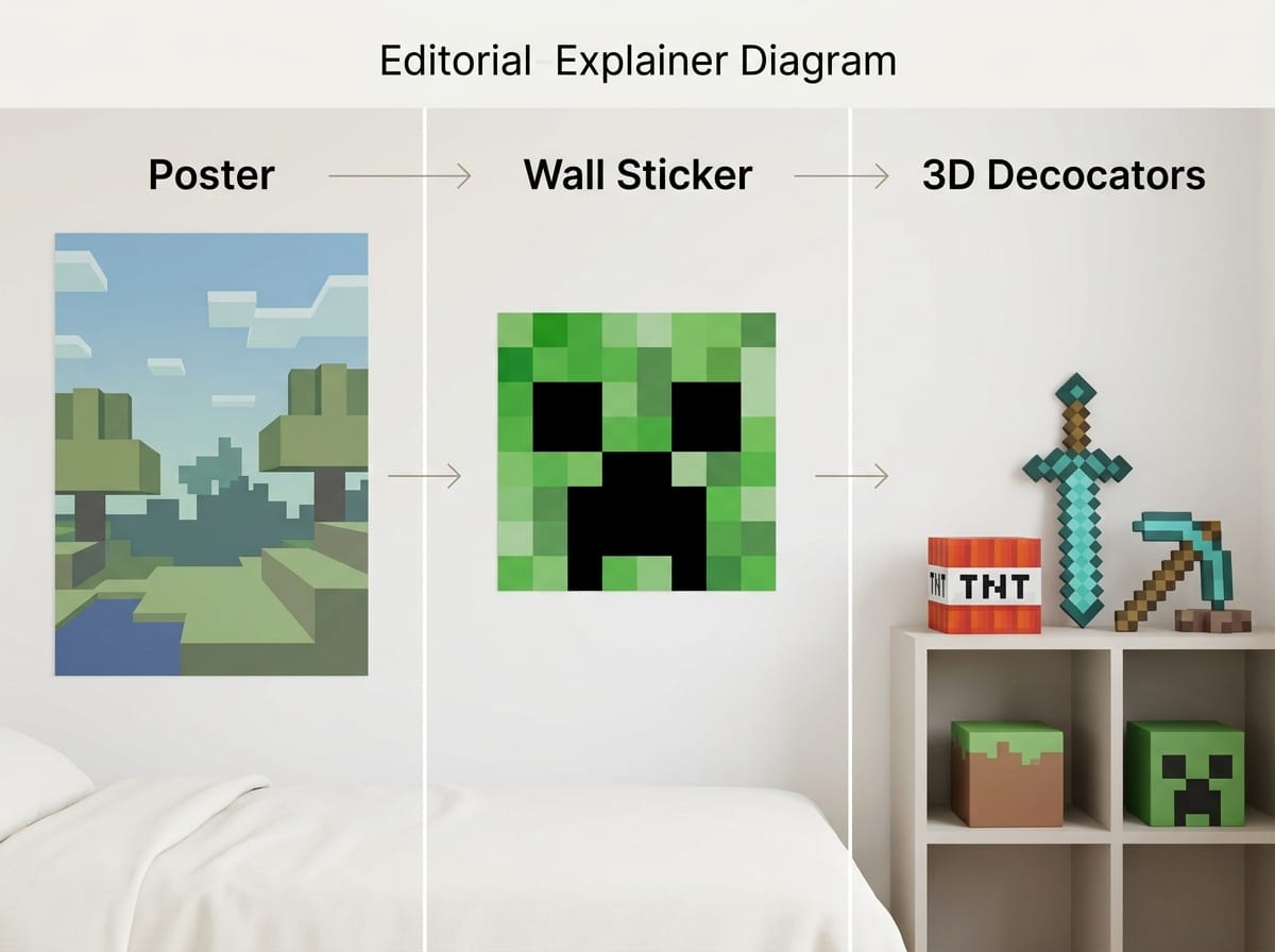 Comparaison visuelle de trois types de d&eacute;corations murales Minecraft : poster, sticker et objets 3D.