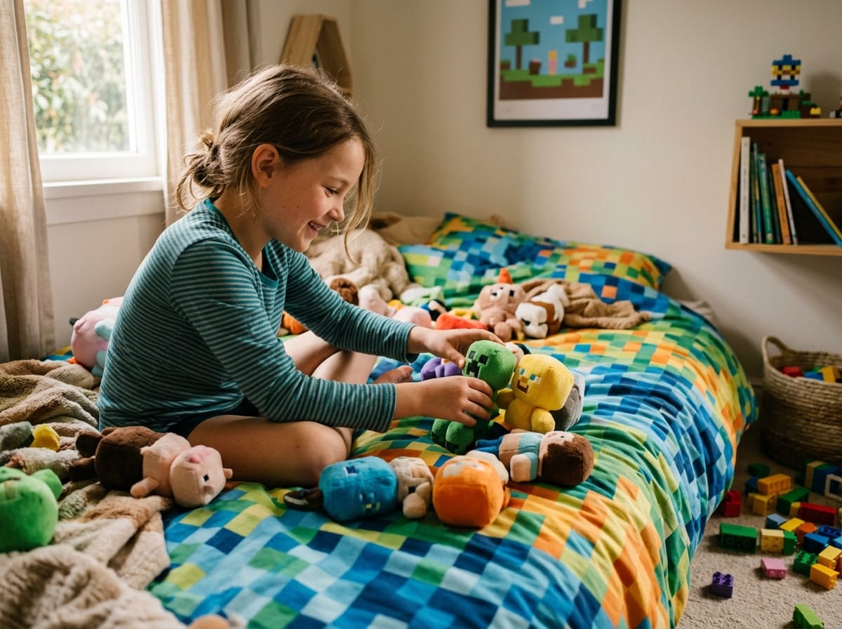 Enfant jouant sur un lit avec une parure de lit Minecraft