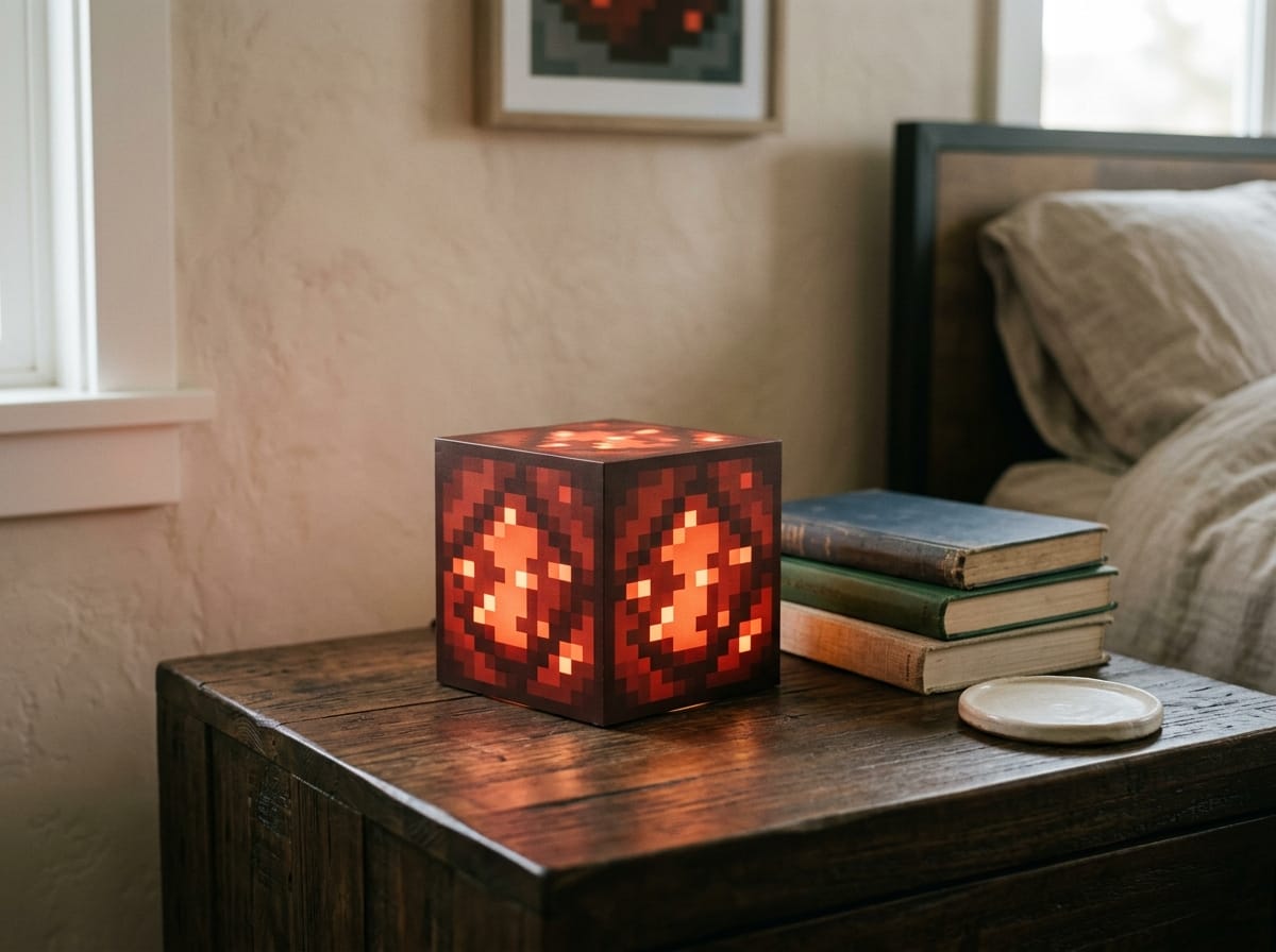 Lampe de chevet style bloc de Redstone Minecraft sur une table de nuit en bois, &eacute;clairage doux et chaud.