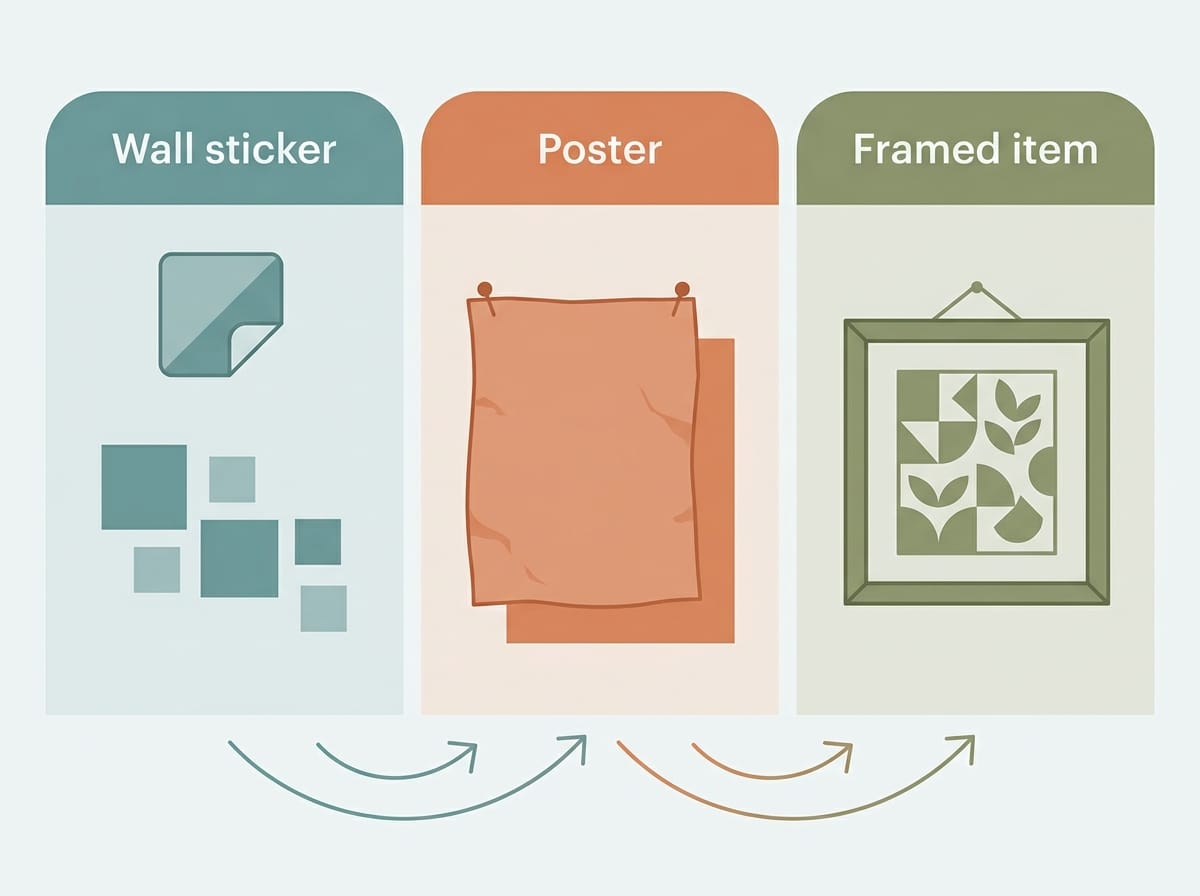 Diagramme comparatif des types de d&eacute;corations murales Minecraft : autocollants, posters et cadres.