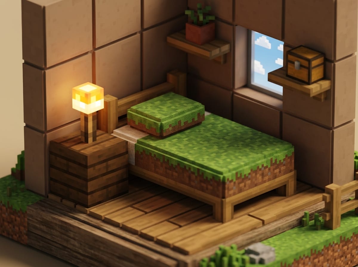 Diorama de chambre d'enfant stylis&eacute;e en voxel avec un lit &agrave; th&egrave;me bloc de gazon.