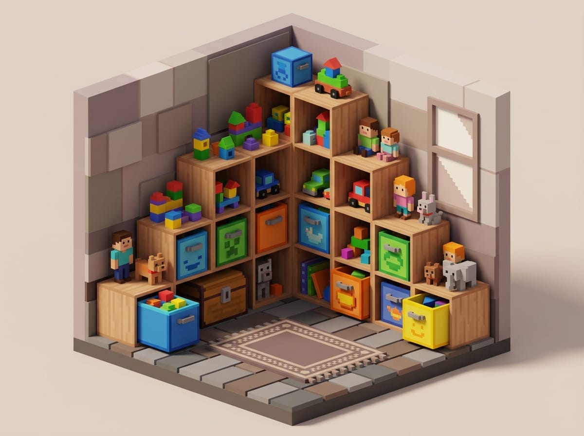 Diorama voxelisé d'une chambre d'enfant organisée avec des boîtes de rangement cubiques et des étagères modulaires remplies de jouets.